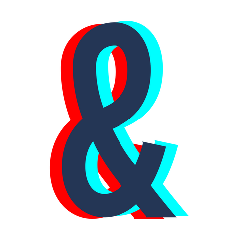 Overlaying ampersand in red, dark blue and turquoise